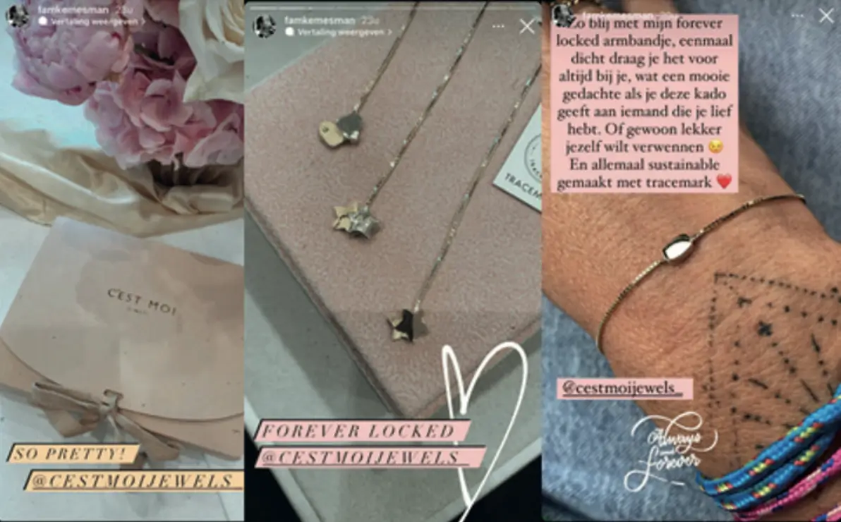 Screenshots van socialmediaposts van Famke Mesman van een Forever Locked-event