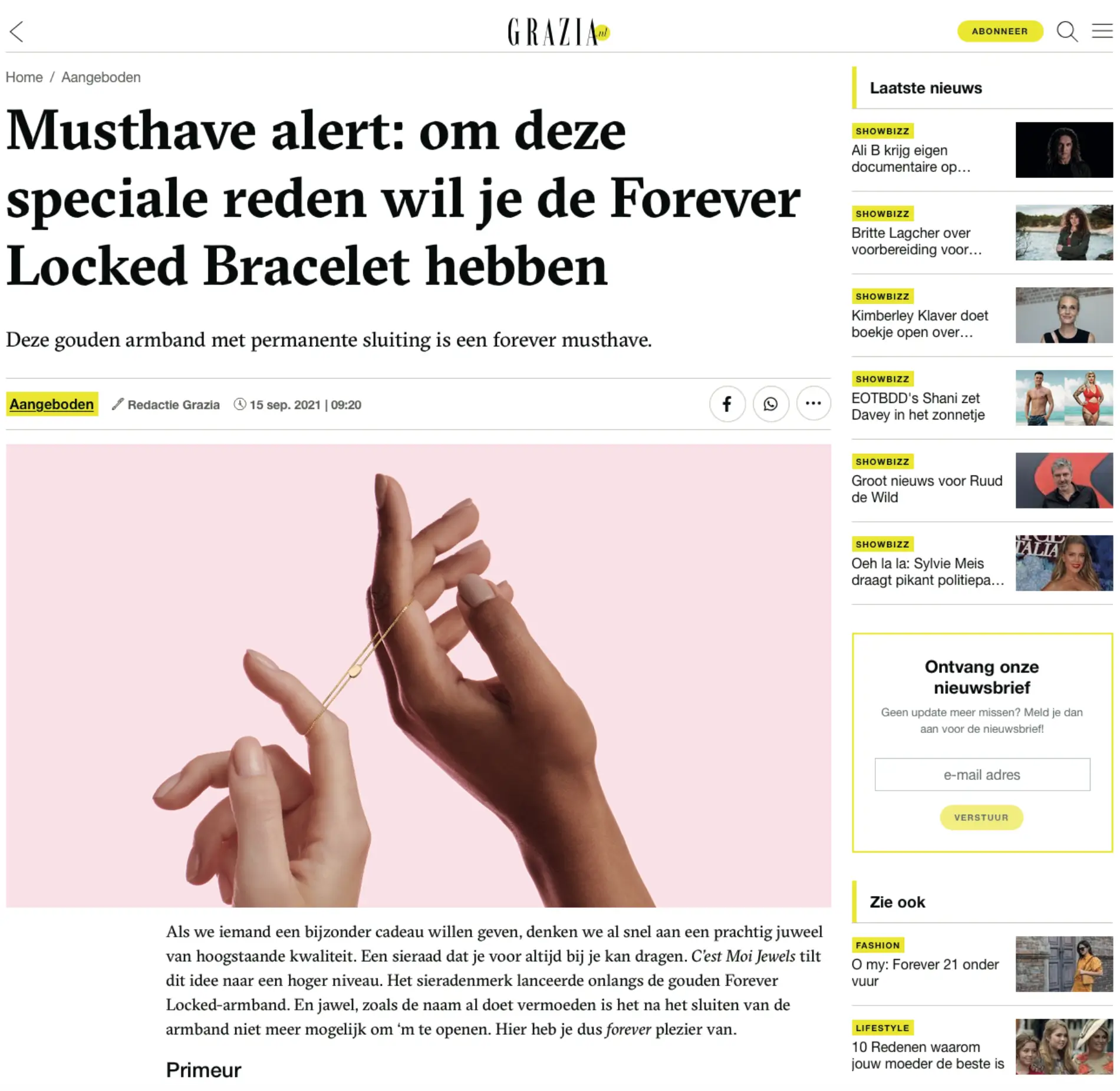 Screenshot van Forever Locked-publicatie in Grazia