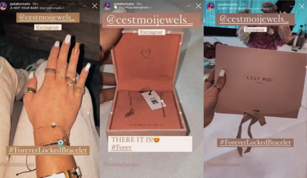 Screenshots van socialmediaposts van Jada Borsato van een Forever Locked-event