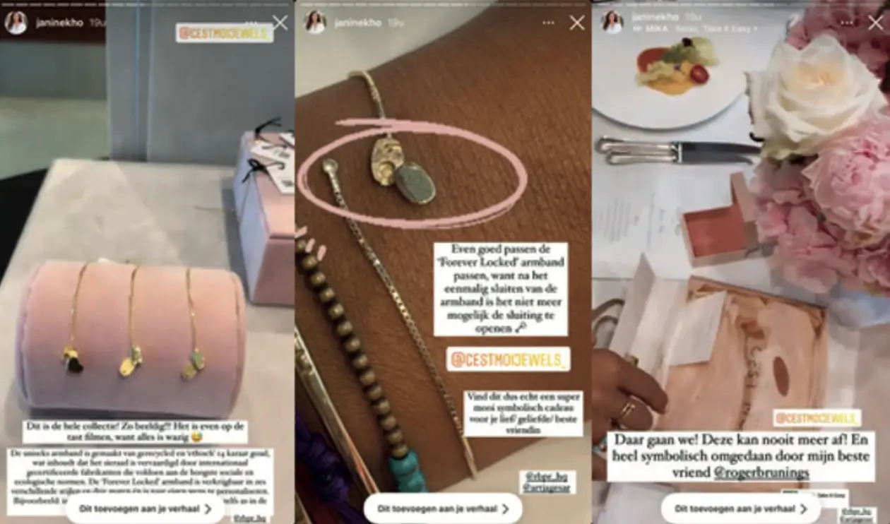 Screenshots van socialmediaposts van Janine Kho van een Forever Locked-event