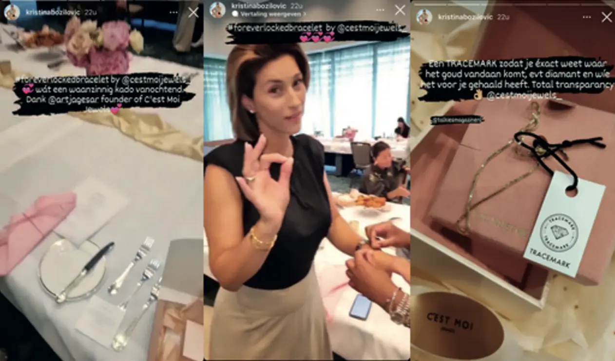 Screenshots van socialmediaposts van Kristina Bozilovic van een Forever Locked-event