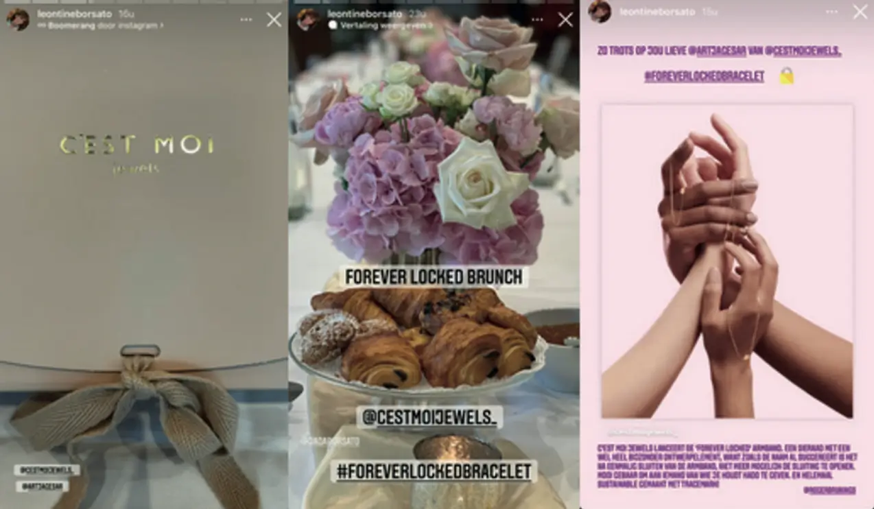 Screenshots van socialmediaposts van Leontine Borsato van een Forever Locked-event