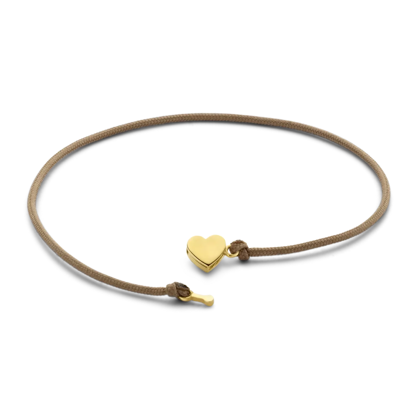Armband met taupe koord en 14 karaat gouden hartvormige hanger