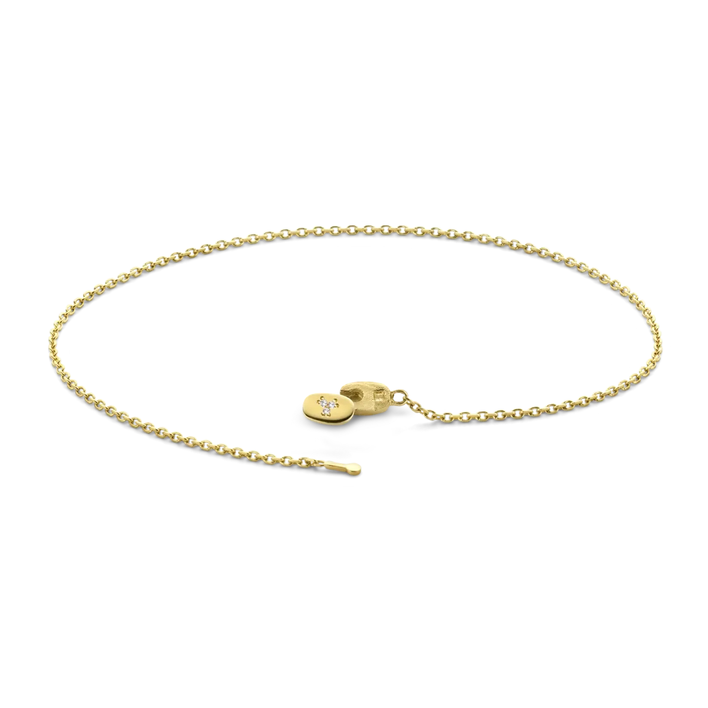 Armband van 14 karaat goud met open ovalen hanger met drie diamantjes en anker schakels