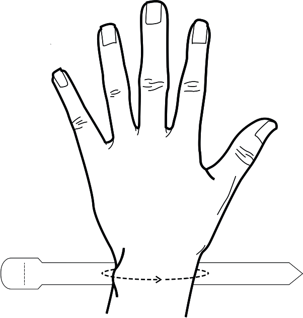 Illustratie van een hand met een meetlint rond de pols om de polsomvang te meten
